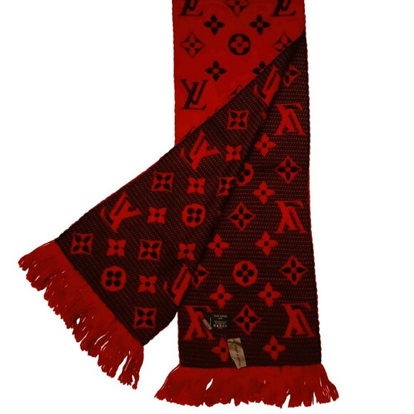 LOUIS VUITTON LV Classic Luxury Vintage Red Black Wool & Silk Monogram Scarf - Picture 7 of 15